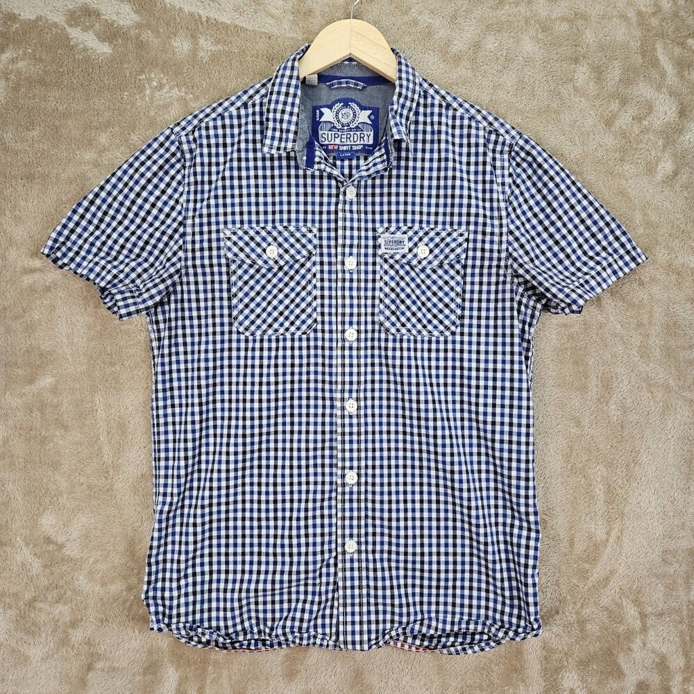 Superdry Button-Down Shirt Men's Size L Blue White Black Plaid Short Sleeve
